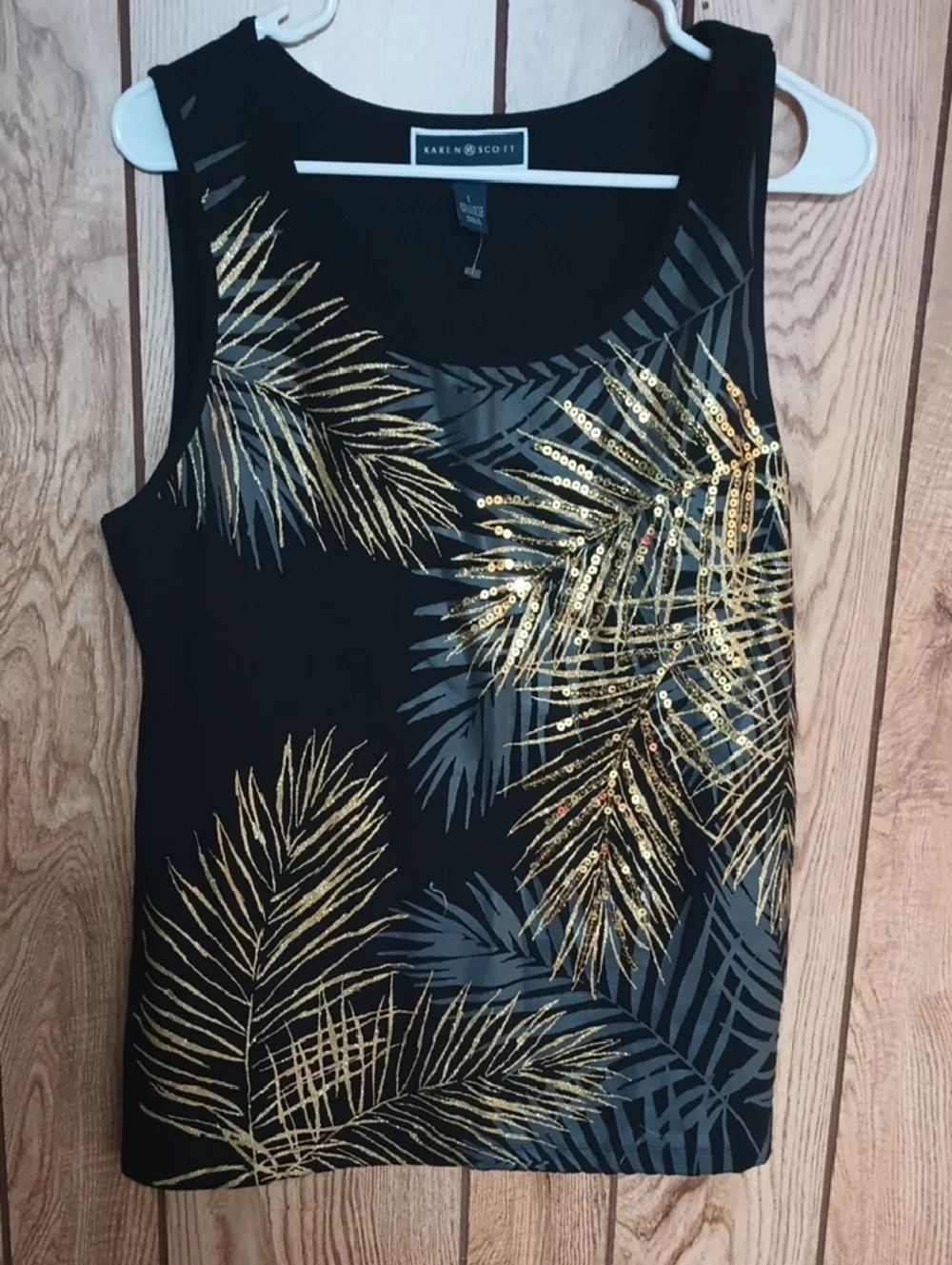 Karen Scott Black Tank with Gold Palm Sequin Accents - Picture 1 of 2